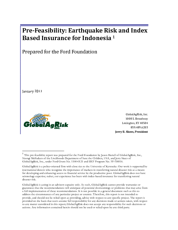 Pre-Feasibility: Earthquake Risk and Index Based Insurance for Indonesia